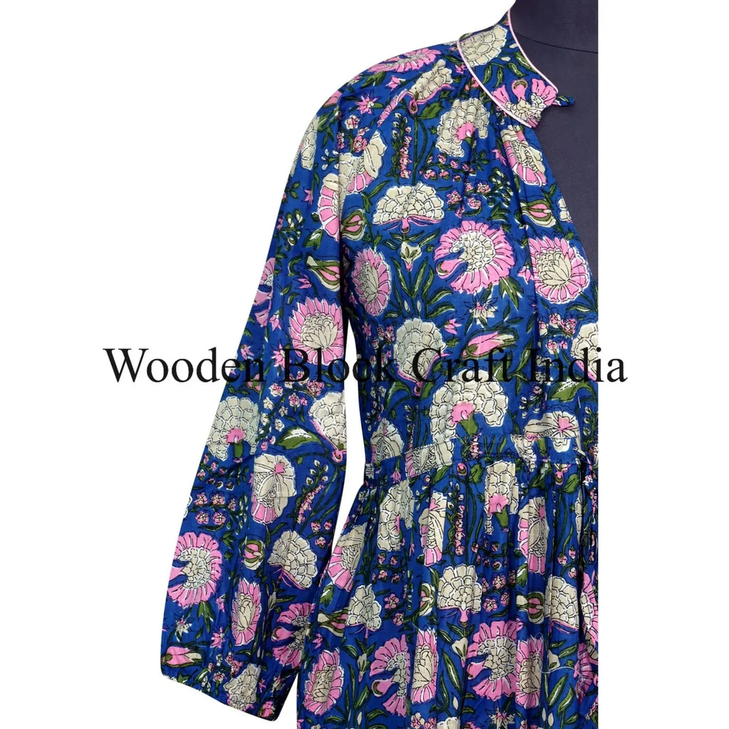 Floral Digital Printing Puff Sleeve Fit Flare Straight Tea-Length Vintage Bridesmaids Women Wear Cotton Washable Dress