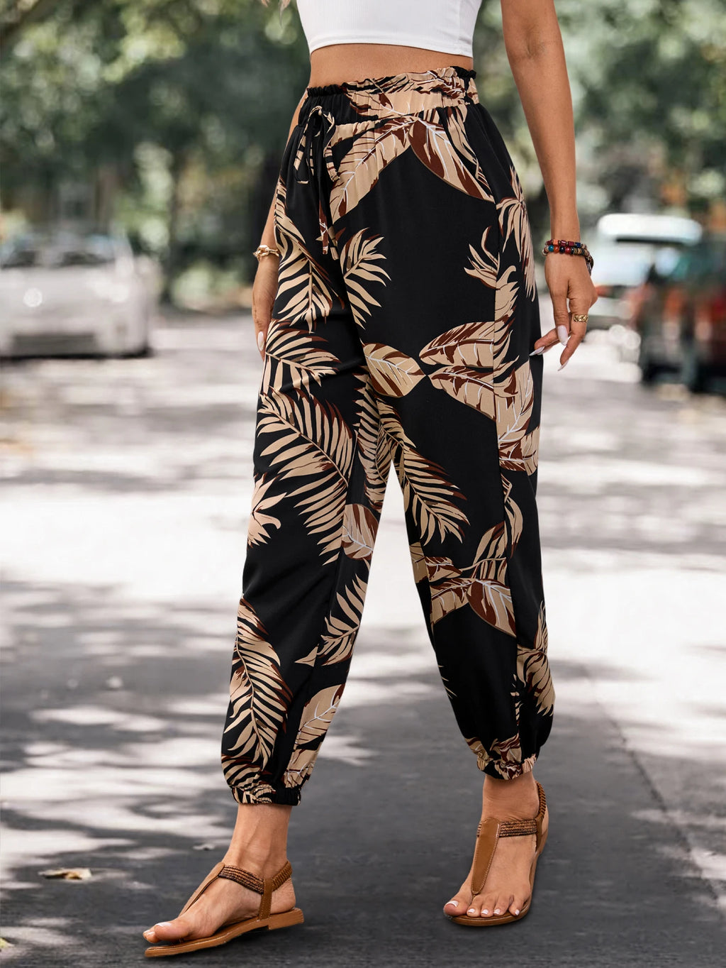 2026 Women's Fashion Summer Pocket Joggers Casual Loose Plant Print Pants Trousers