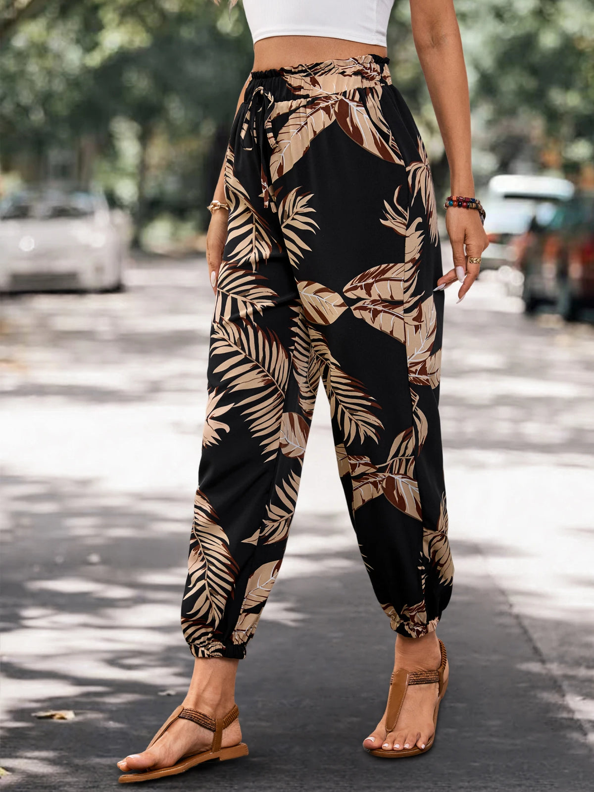 2026 Women's Fashion Summer Pocket Joggers Casual Loose Plant Print Pants Trousers