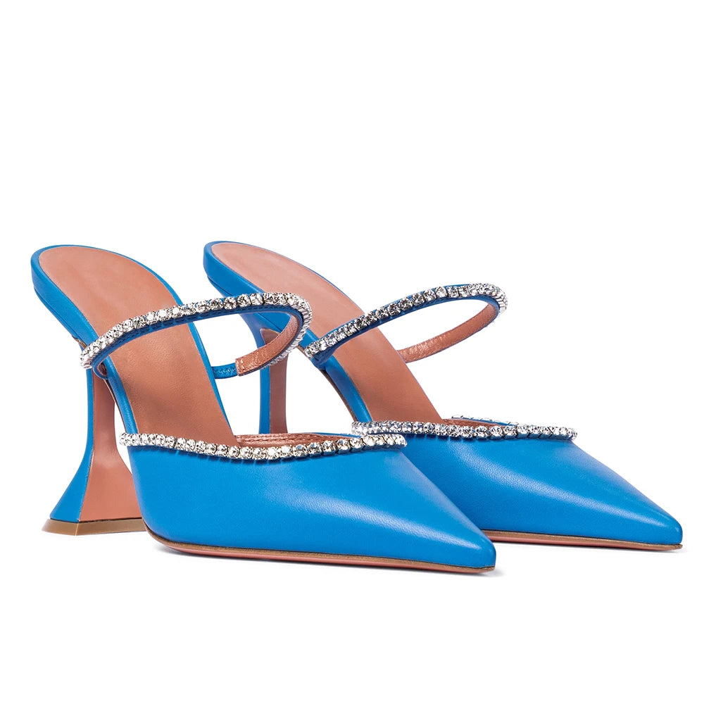 Blue Women High Quality Mules Pointed Toe Pumps Luxury Rhinestone High Heels Lady Shoes