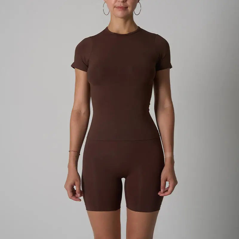 High Waist Scrunch Butt Shorts Yoga Fitness Set Women Two Piece Short Sleeve Crew Neck Slim Fit Shirts Matching