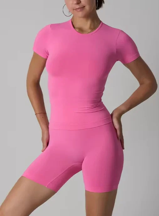 High Waist Scrunch Butt Shorts Yoga Fitness Set Women Two Piece Short Sleeve Crew Neck Slim Fit Shirts Matching