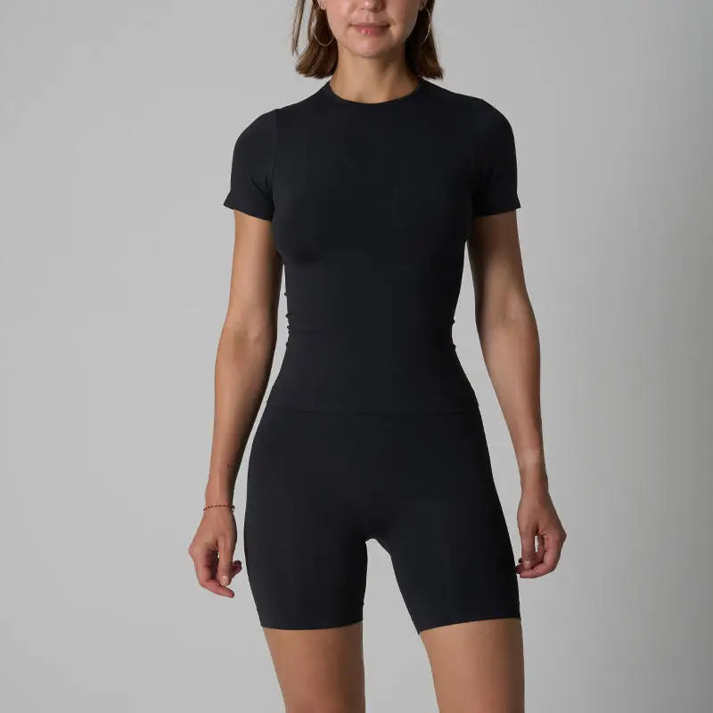 High Waist Scrunch Butt Shorts Yoga Fitness Set Women Two Piece Short Sleeve Crew Neck Slim Fit Shirts Matching