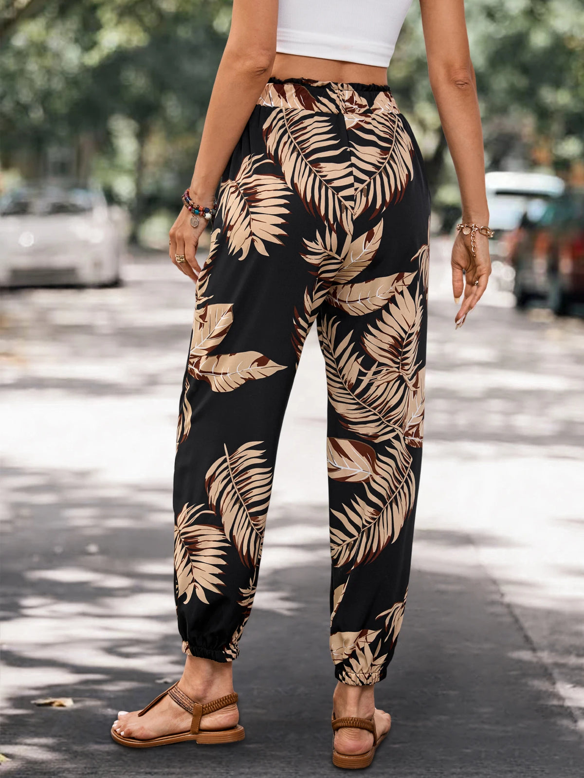 2026 Women's Fashion Summer Pocket Joggers Casual Loose Plant Print Pants Trousers
