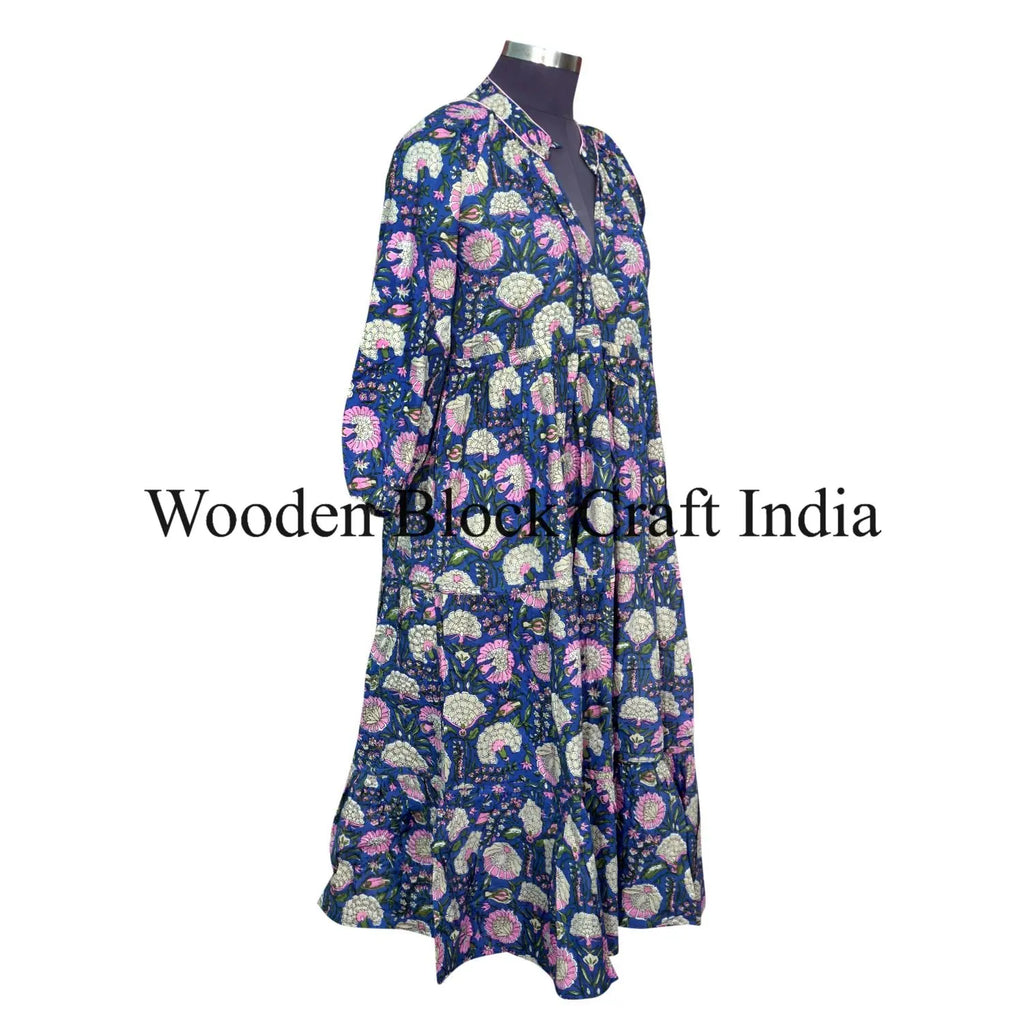 Floral Digital Printing Puff Sleeve Fit Flare Straight Tea-Length Vintage Bridesmaids Women Wear Cotton Washable Dress