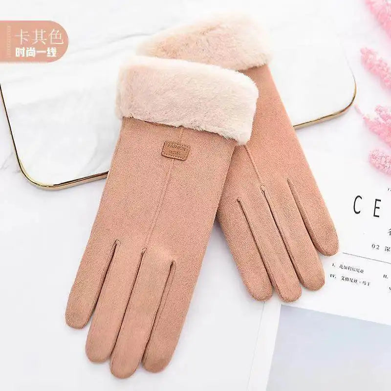 Women's Winter Suede Gloves Fleece Warm Windproof Full Finger Gloves Touchscreen Cold Weather Hiking Outdoor Sport Female Gloves