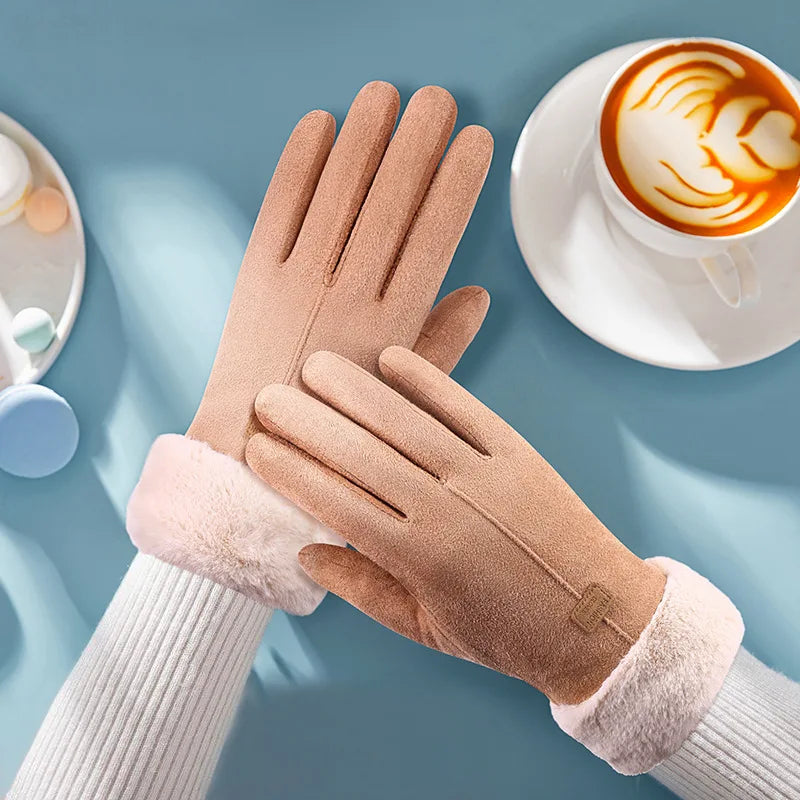 Women's Winter Suede Gloves Fleece Warm Windproof Full Finger Gloves Touchscreen Cold Weather Hiking Outdoor Sport Female Gloves