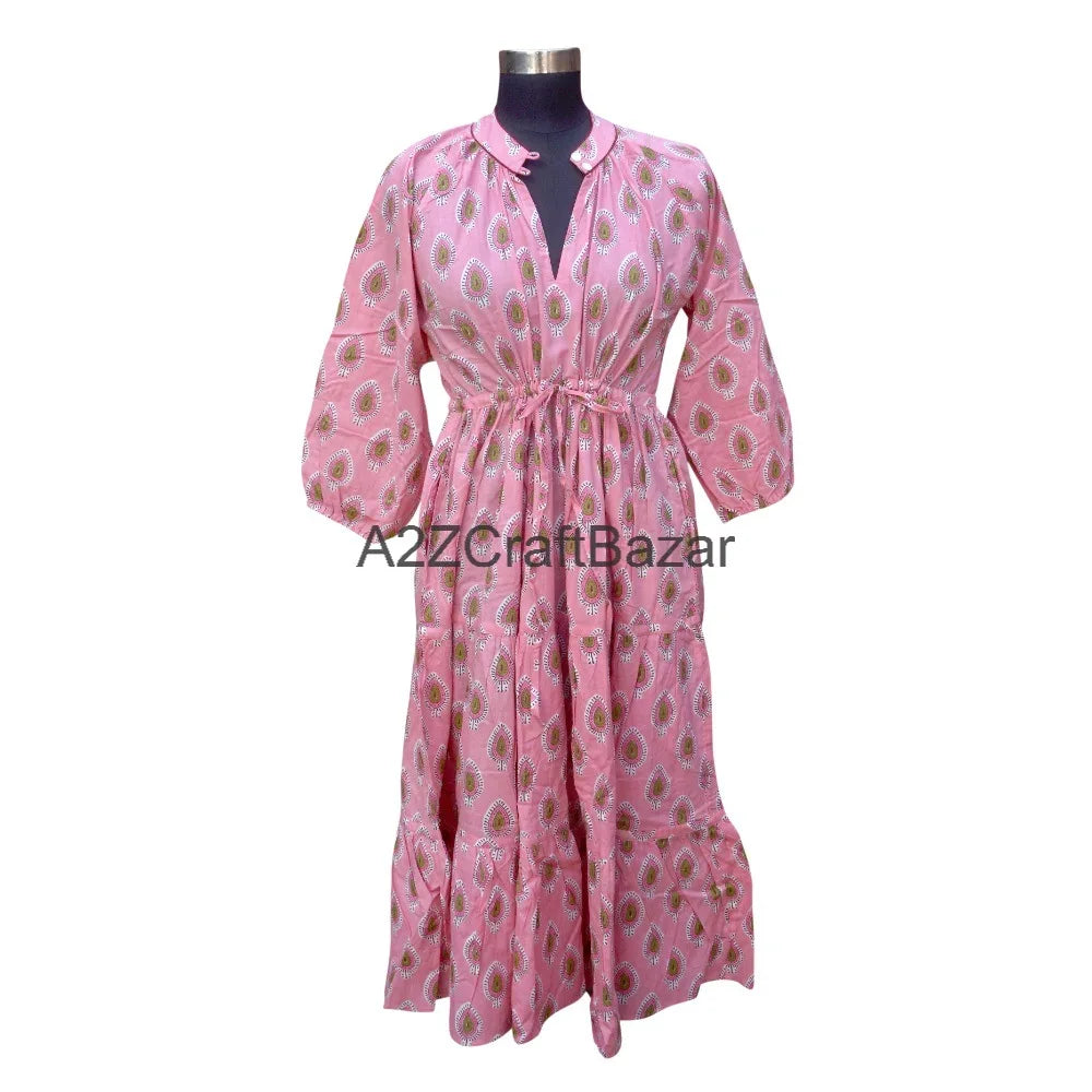 Beautiful Soft Cotton Floral Midi Dress Handmade Lightweight Indian Printed V-neck 3/4 Sleeves Loose Fit Women Daily Natural