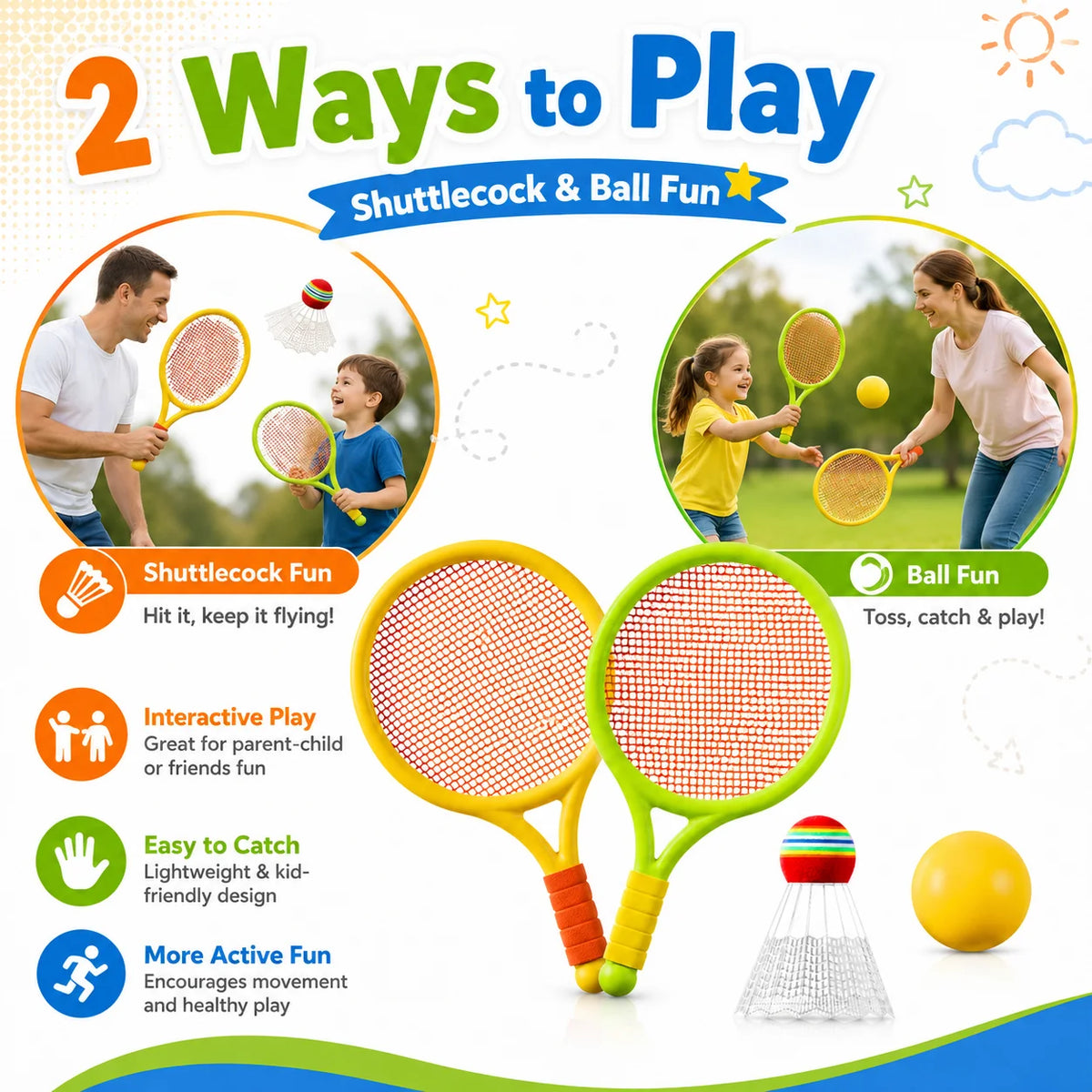 Kids Racket Set Pack Lightweight Badminton Tennis Toy with Shuttlecock Ball for Indoor Outdoor Parent Child Sports Play Gift Set