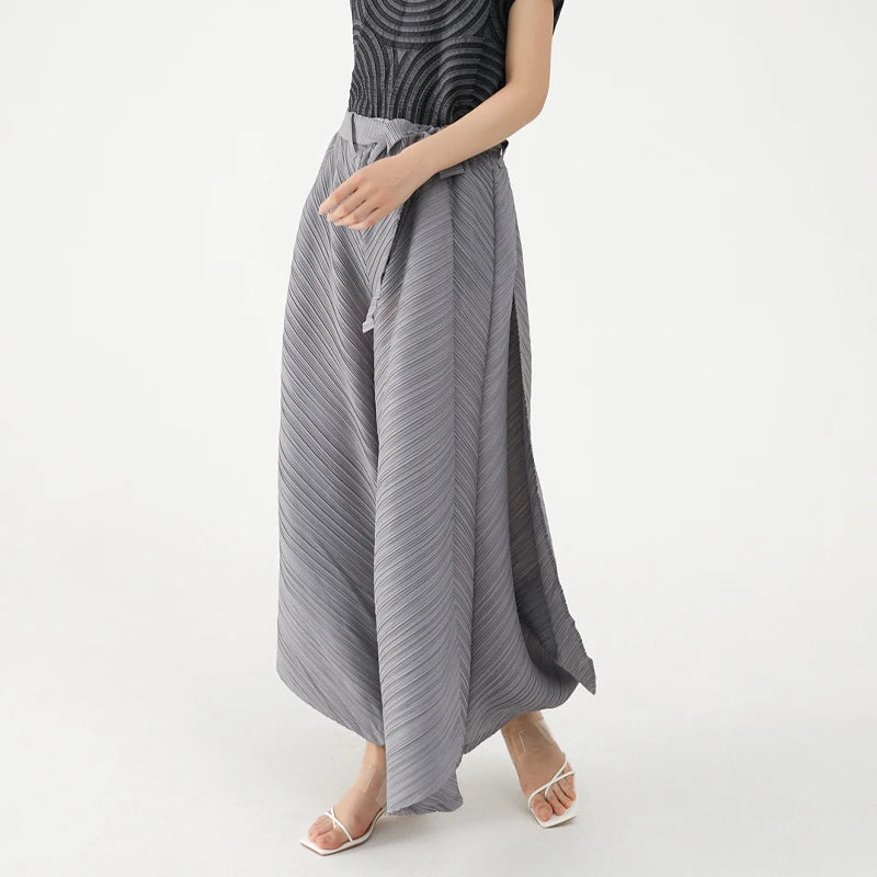 Miyake Pleated Wide Leg Loose Pants Stitching Casual Big Trousers Women Summer Dubai Designer Fashion Belt Aesthetic Clothes