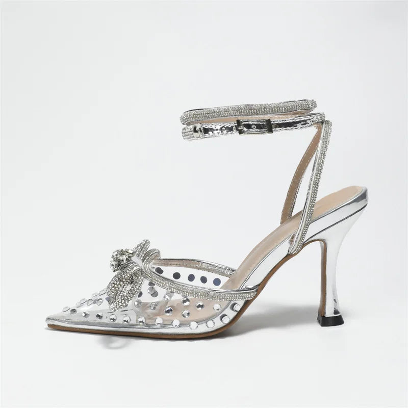 2023 Designer High Heels for Women Luxury Transparent PVC Pointed Toe Shoes with Rhinestone Sexy Thin Heels for Summer