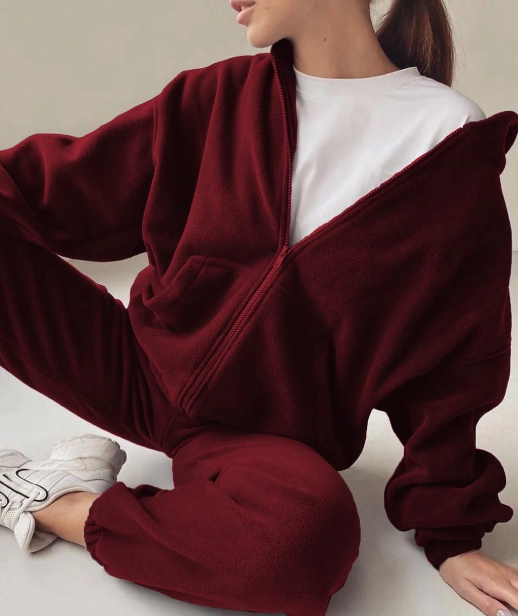 2025 Casual Women Fleece Hoodie Two Piece Sets Hooded Zipper Outerwear And Harem Pant Suit Winter Fashion Streetwear Tracksuit