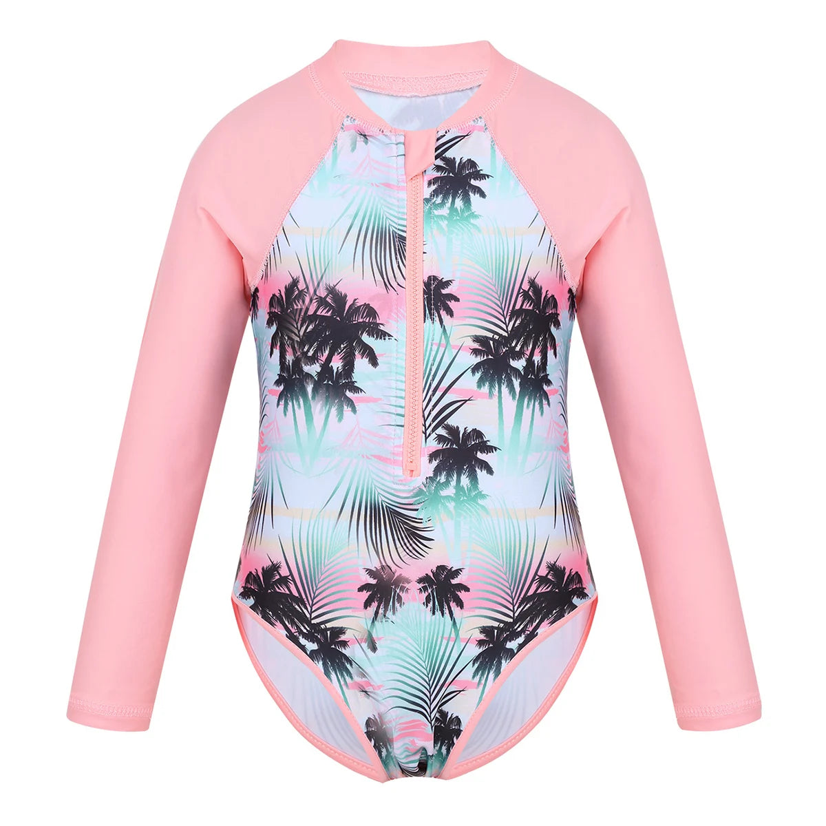 Kids Girls One-piece Swimsuit Long Sleeves Palm Printed Swimwear  Bathing Suit Sun Protection Rash Guard Surfing Diving Swim Top