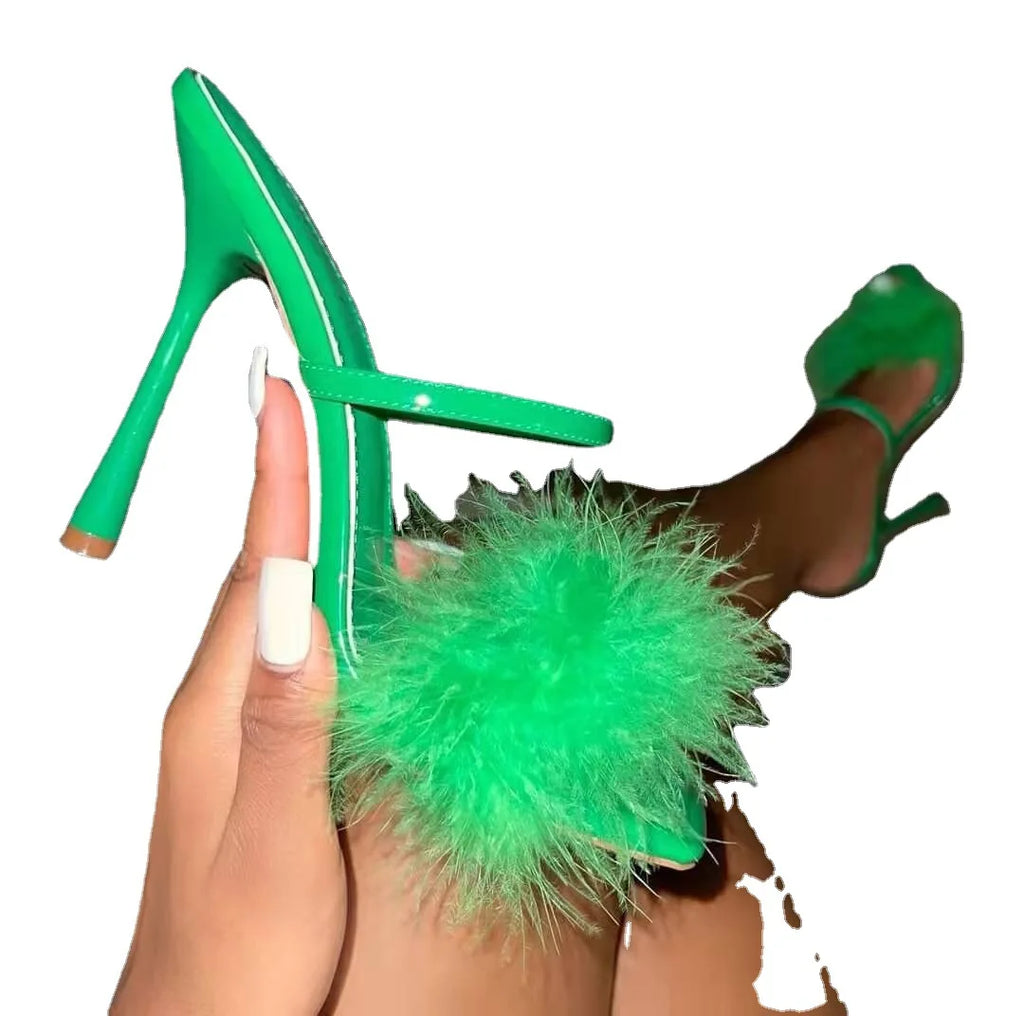 Summer New Women's Head Slippers Hairy Thin Heels High Heels European and American Fashion Women's Shoes