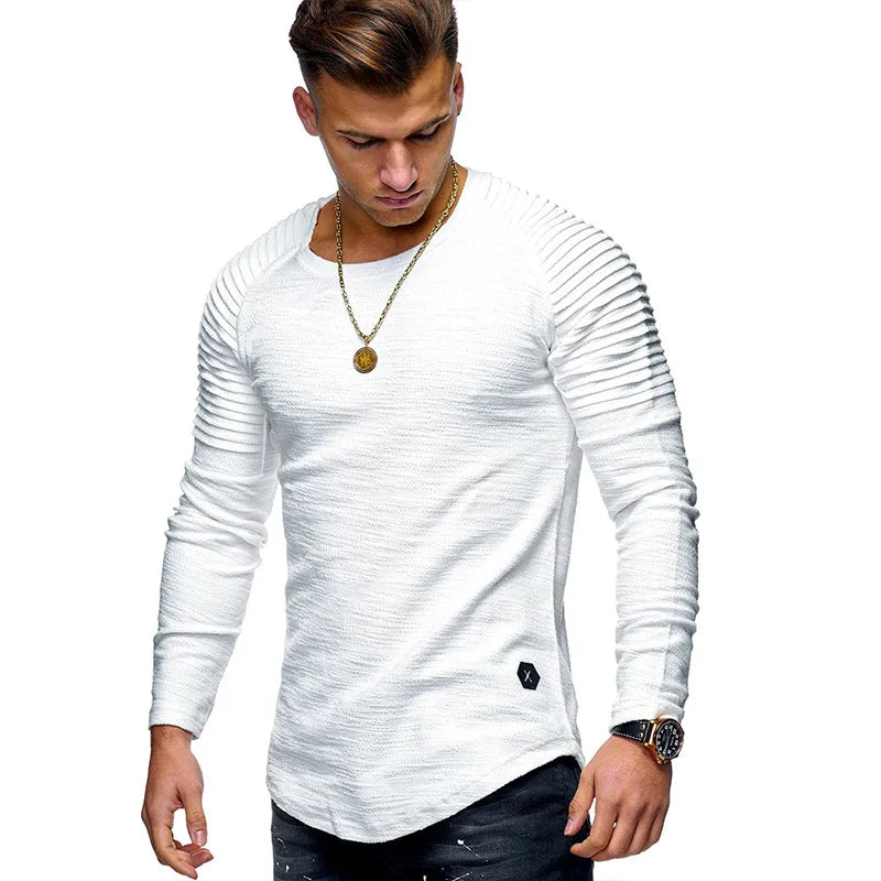 Pleated Long Sleeves Crew Neck Compression Slim Fitted Shirts Quick Dry Custom Men Gym Muscle Training Fitness T Shirt With Logo