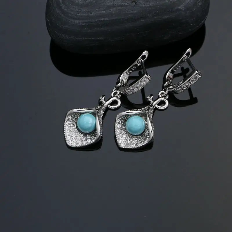 925 Silver Jewelry Sets For Women Party Accessories Blue Pearl Beads White Crystal Earrings Necklace Peandant Ring Set