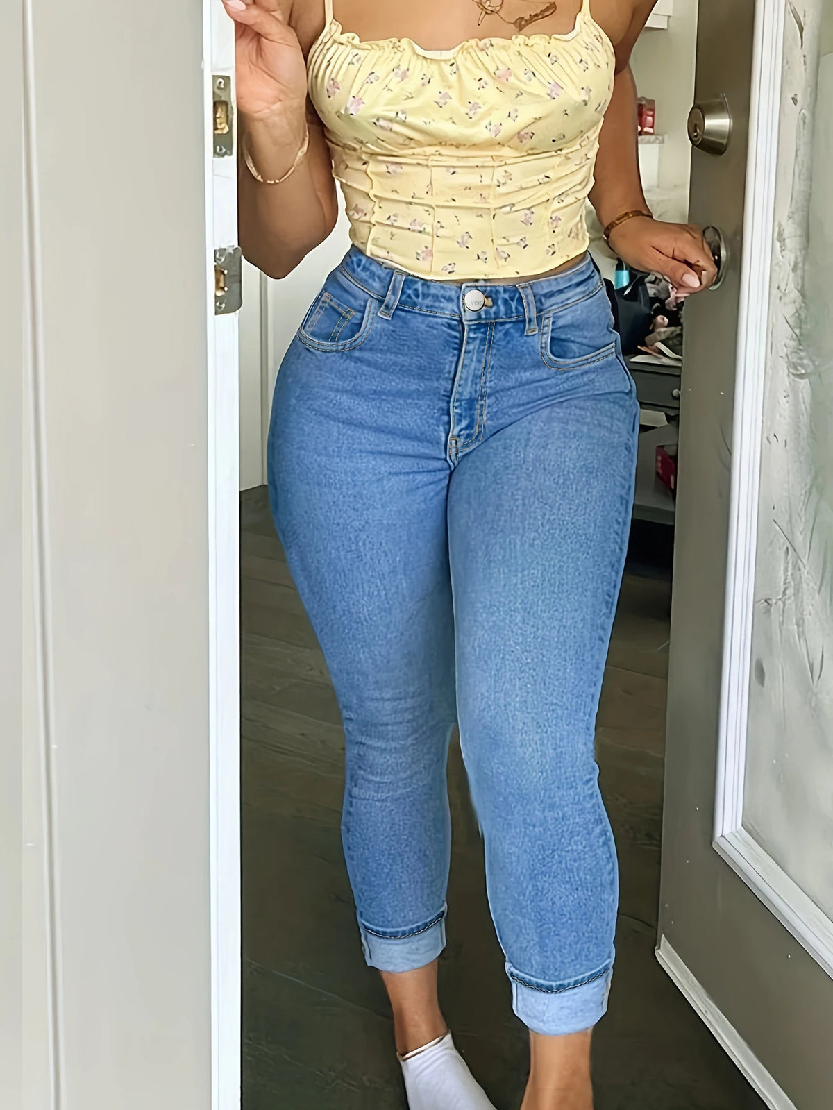Plus Size Women Light Blue High Stretch Skinny Casual High Waist Straight Full Length Washed Denim Jeans Softener