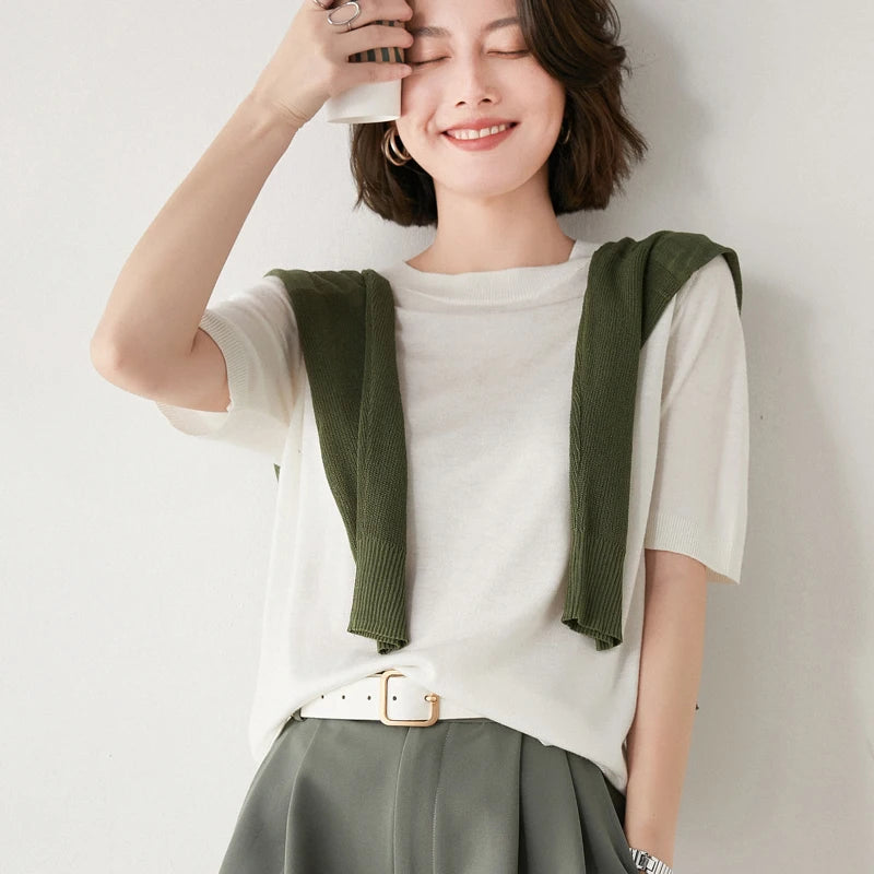 New Arrival Summer Cashmere Wool Sweater Spring Summer Women Solid Short Sleeve O-neck Pullovers Knitted Sweaters