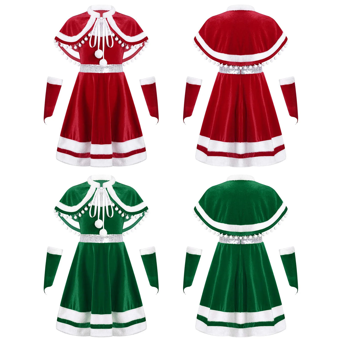 Kids Girls Christmas Dress with Cloak Arm Sleeves 3Pcs Set Santa Claus Red Velvet Tutu Dress Party Princess Dresses 4-14Y