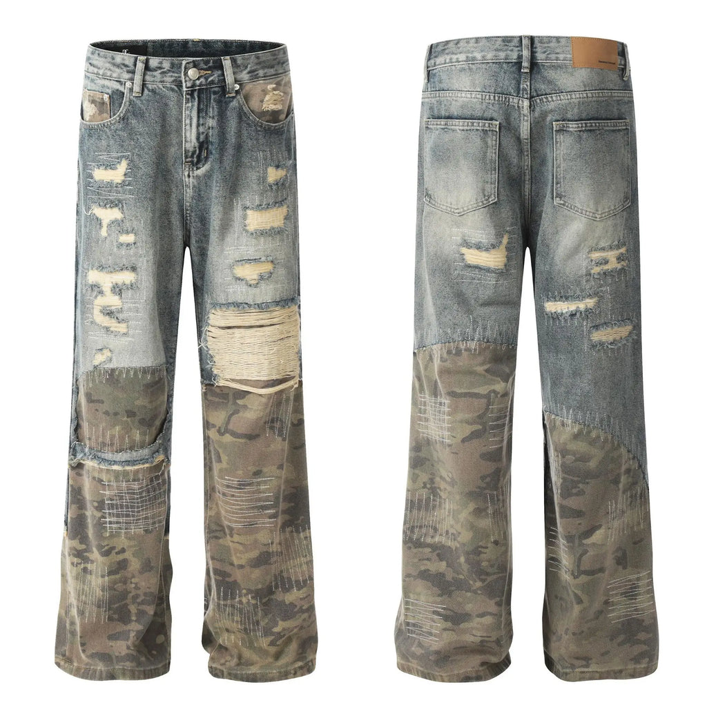 Ohsisa 2025 Trendy Men's Street Heavy Industry Denim Trousers High Old Design Patchwork Washed Technique for Men Women