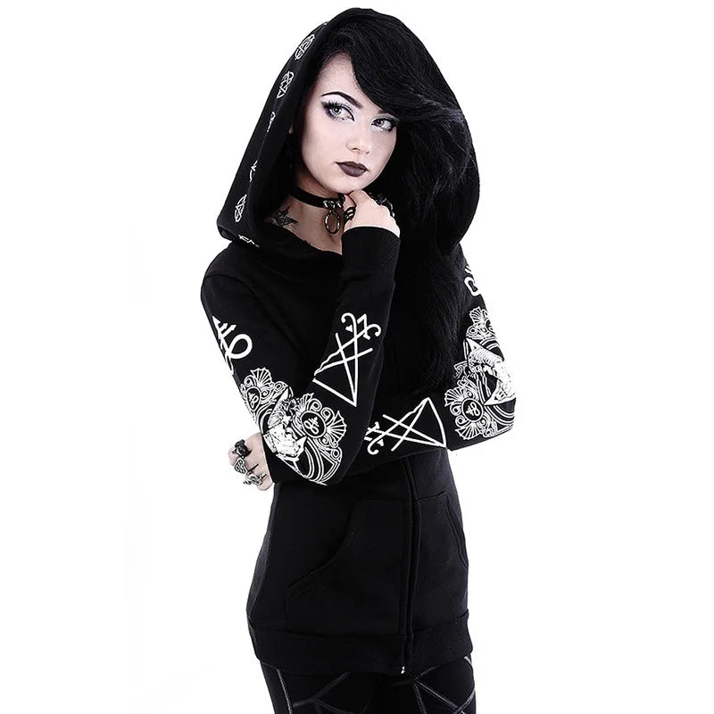 Irregular Black Punk Hoodie with Sheep Head and Moon Print Hoodie