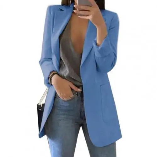 Summer Women Jacket Lapel All match Open Front Stylish Office Lady Slim Suit Overcoat Solid Color Long Blazer