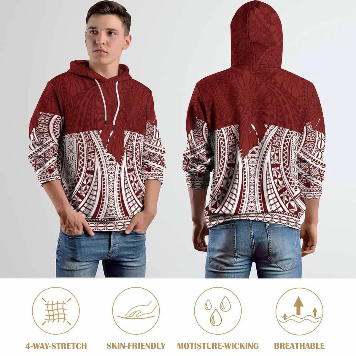 High Quality Hoodies Men Polynesian Tribal Design Red Oversized Hoodie Unisex Streetwear Hoodie