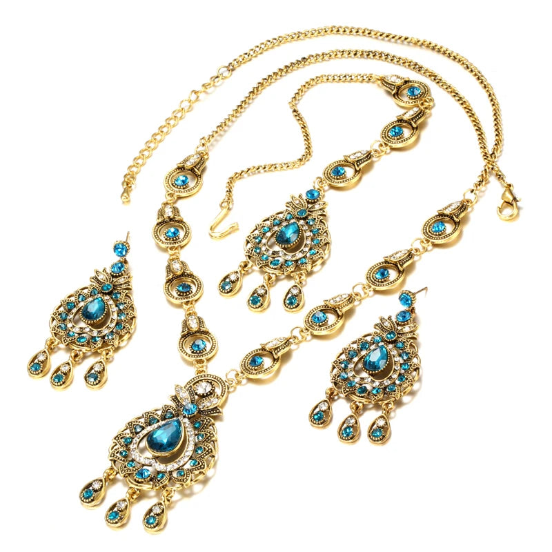 From India Vintage Look Jewelry Sets Pendants Necklace Earring For Women Gold-Color Mosaic  Blue Crystal Party Gifts