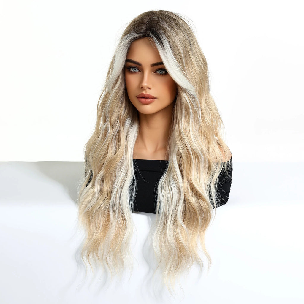 26inch Synthetic Fiber Wig Factory Natural Wavy Blonde with White Highlights Ombre Water Wave Wig with Elastic Cap Real Photo