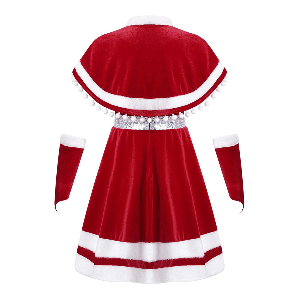 Kids Girls Christmas Dress with Cloak Arm Sleeves 3Pcs Set Santa Claus Red Velvet Tutu Dress Party Princess Dresses 4-14Y