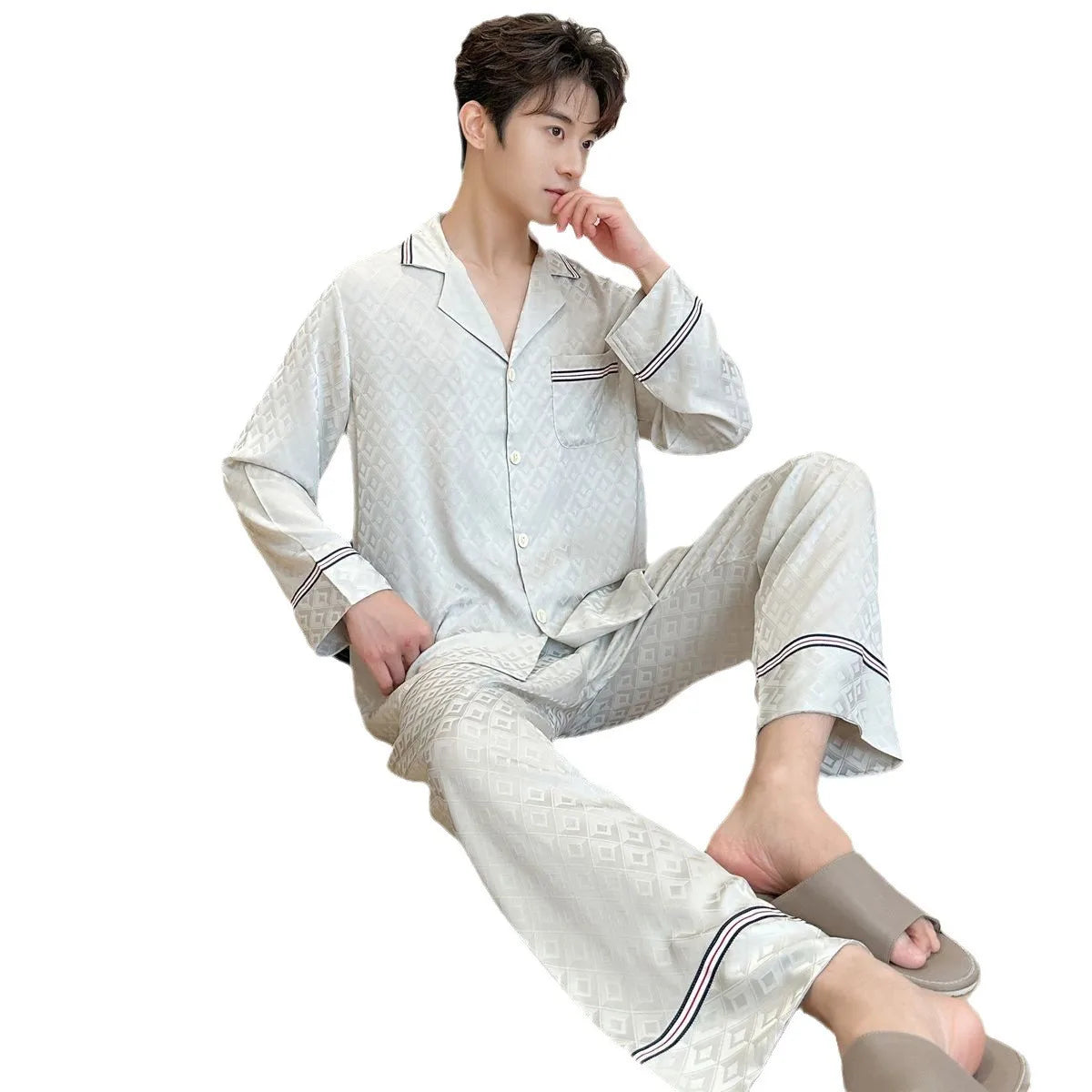 Autumn Men Silk Pajamas Satin Long Sleeve Trousers Home Wear Solid Color Jacquard Plus Size Sleepwear Boy's Thin Casual Pyjamas