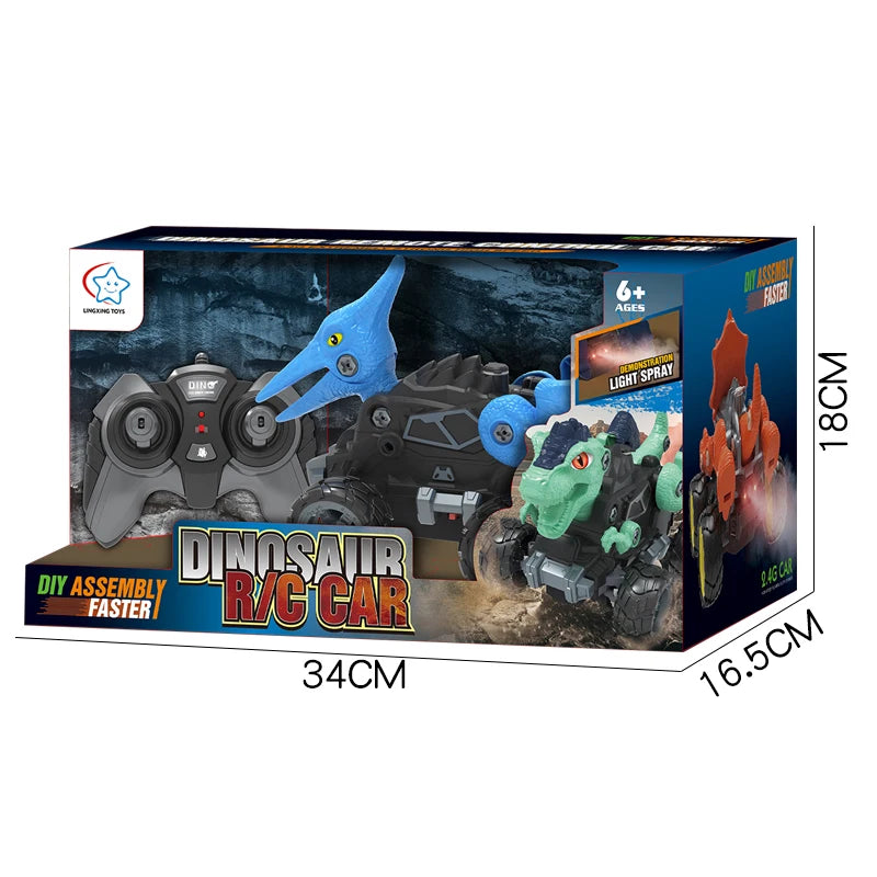2.4Ghz Remote Control 4WD Dinosaur Spraying Vehicle Disassembly Assembly Toys Flashing Light RC Car Models for Kid Adult