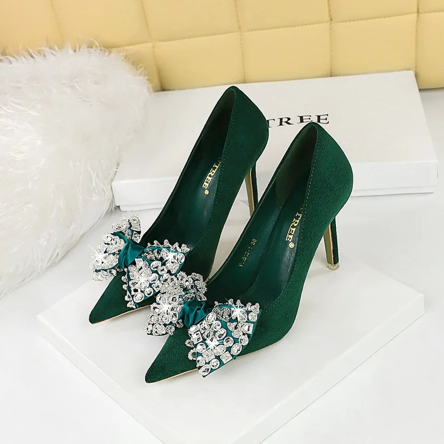 Fashion Banquet High Heels Slim Heel Suede Shallow Mouth Pointed Rhinestone Bow Tie Single Shoes Women's Shoes