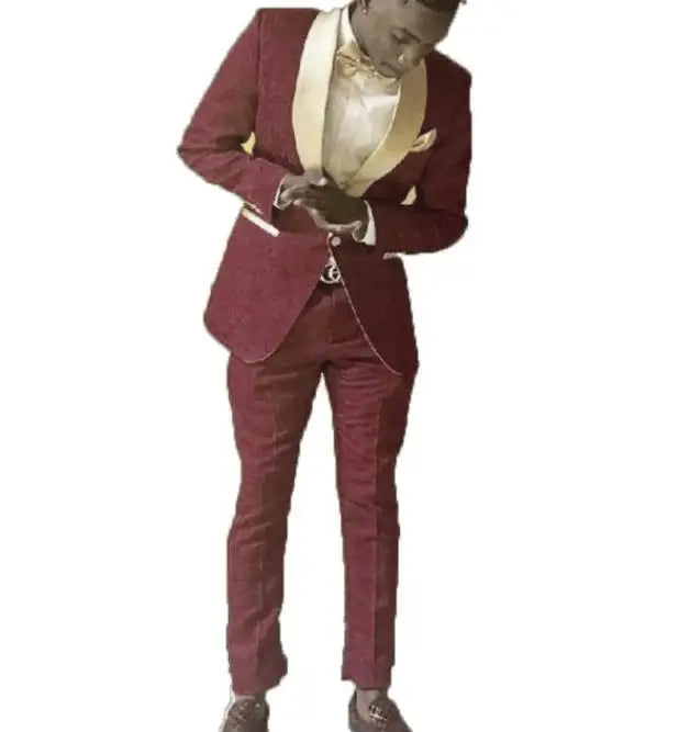 HD244 Groomsmen Royal Blue Groom Tuxedos Shawl Gold Lapel Men Suits 2 Pieces Wedding Bridegroom ( Jacket+Trousers+Tie)
