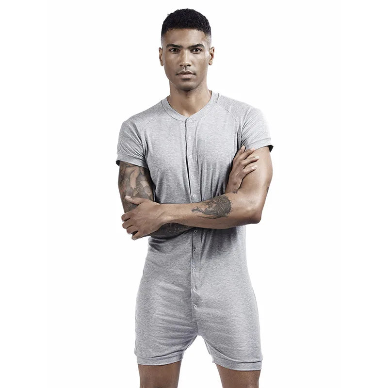 Men's Comfortable Solid Color One-Piece Pajamas with Snap Buttons Super Elastic Sleepwear Jumpsuit for Home