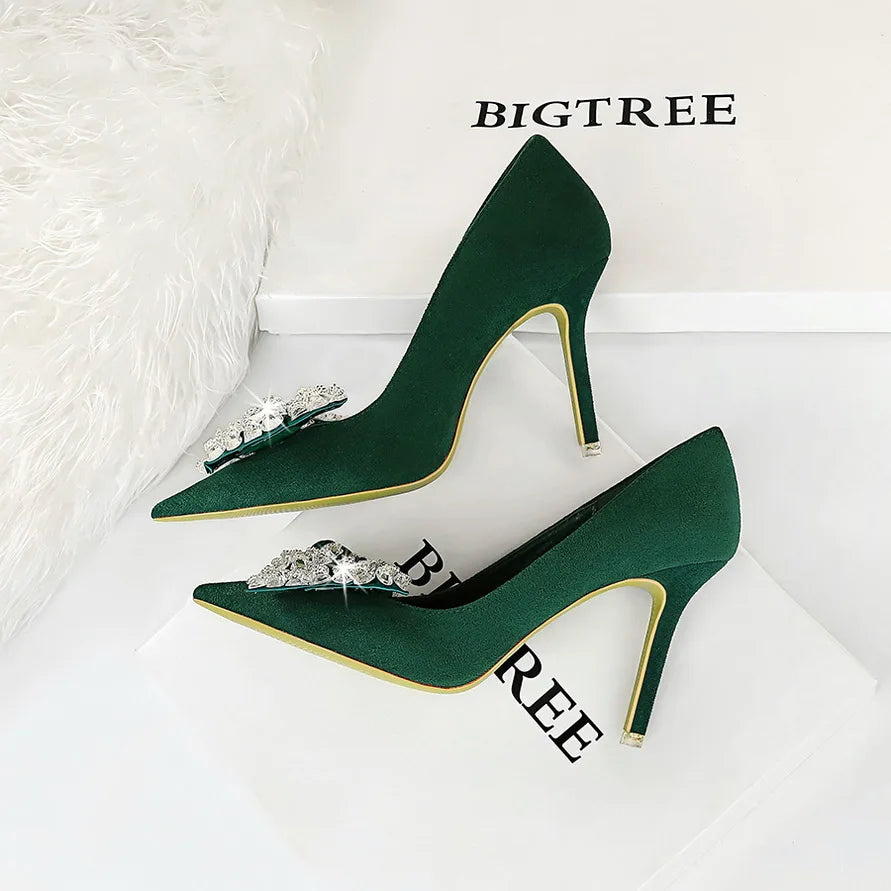 Fashion Banquet High Heels Slim Heel Suede Shallow Mouth Pointed Rhinestone Bow Tie Single Shoes Women's Shoes