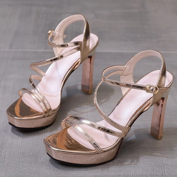 Thick Heel One Word Buckle Sandals Women 22 Summer New Rhinestone 10cm Super High Heels