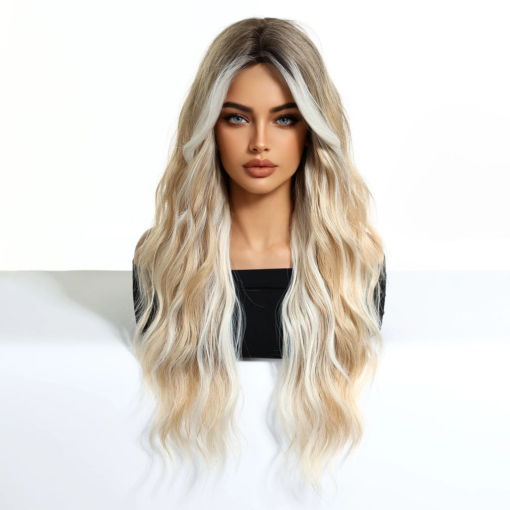 26inch Synthetic Fiber Wig Factory Natural Wavy Blonde with White Highlights Ombre Water Wave Wig with Elastic Cap Real Photo