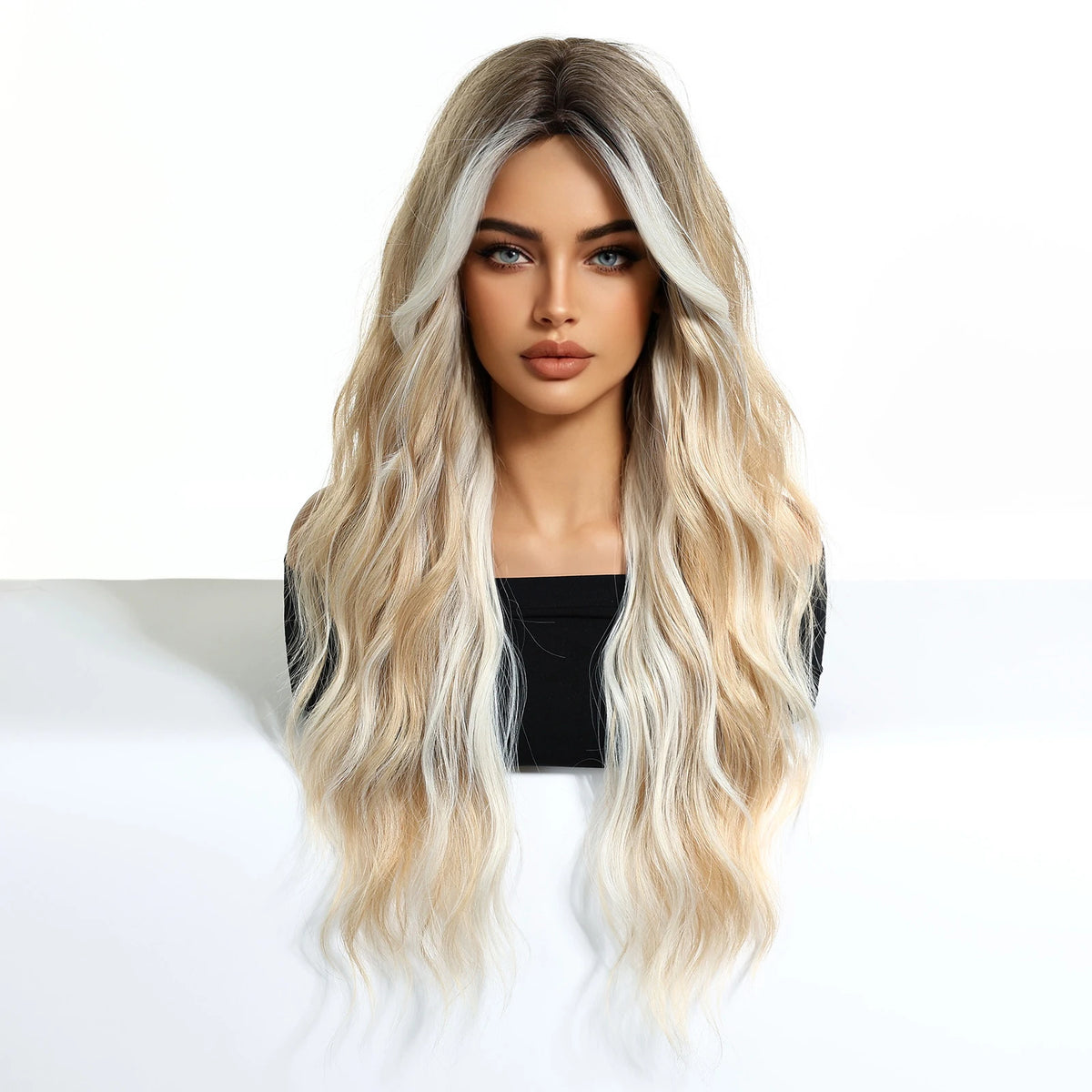 26inch Synthetic Fiber Wig Factory Natural Wavy Blonde with White Highlights Ombre Water Wave Wig with Elastic Cap Real Photo