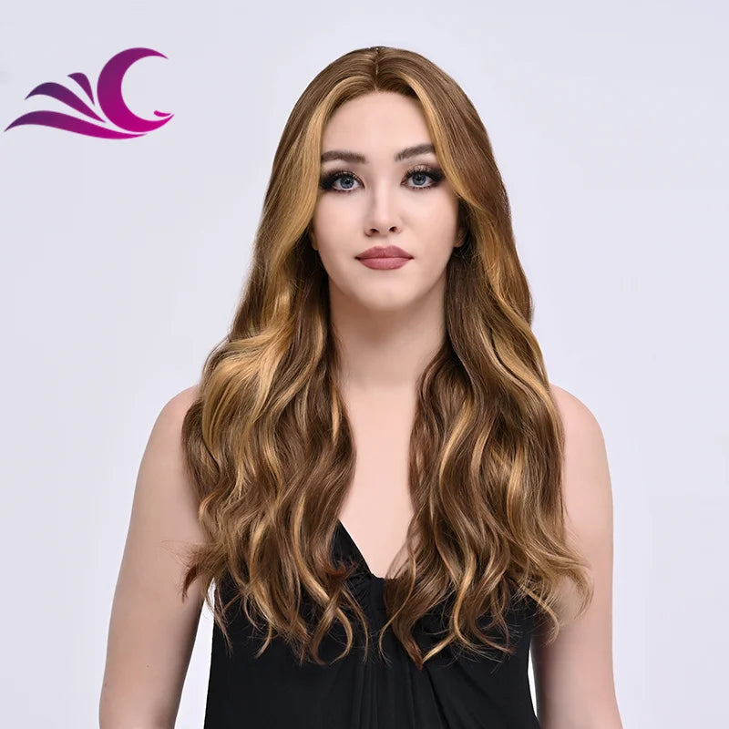 Highlight Mix Ice Blonde Ombre Colorful Middle Part Wig Long Wavy Pre-Plucked Synthetic Lace Front Wig