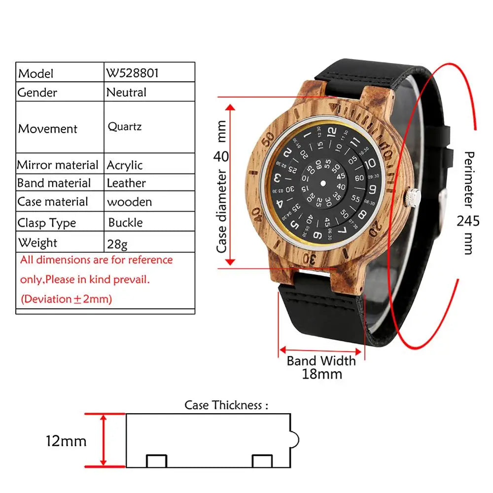 Men's Watches Unique Turntable Dial Watch Special Number Dial Wooden Watch Quartz Clock Male Unisex Leather Band Relojes Hombre
