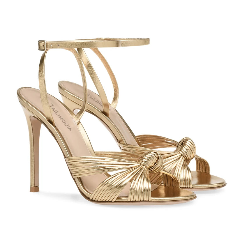 Gold PU Leather Stylish Knot Ankle Strap Elegant High Top Open Toe High Heels Party Shoe Summer Sandals Plus Height Increasing