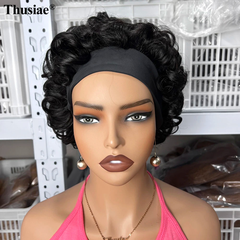 Short Curly Glueless Headband Half Wig None Lace Front Machine Made Raw Virgin Human Hair Wigs Wear and Go