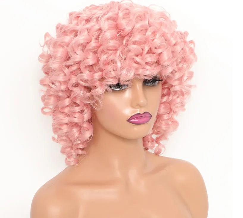 Synthetic  With Bangs Black Red Hair Shoulder Length Heat Resistant Fiber for Africa America Black Women  Afro Kinky Curly Wig