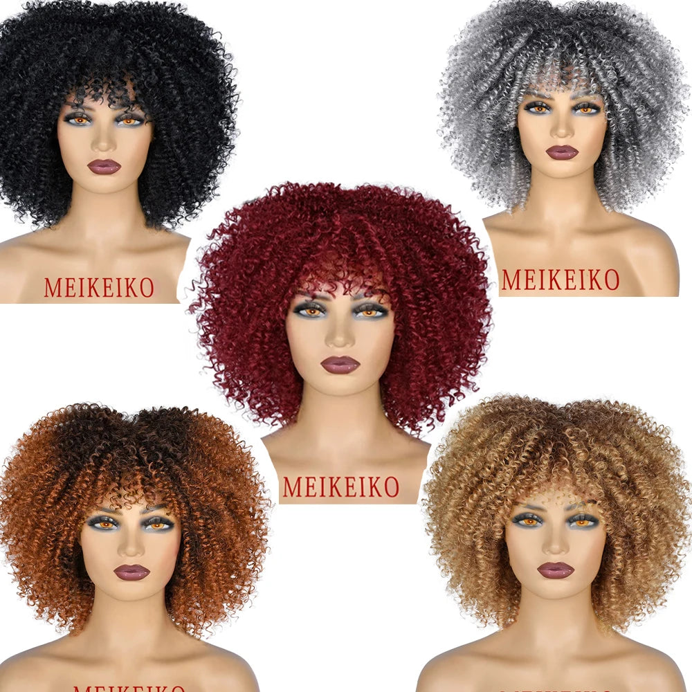 Short Hair Afro Kinky Curly Wigs With Bangs African Synthetic Ombre Glueless Cosplay Wigs for Black Women High Temperature