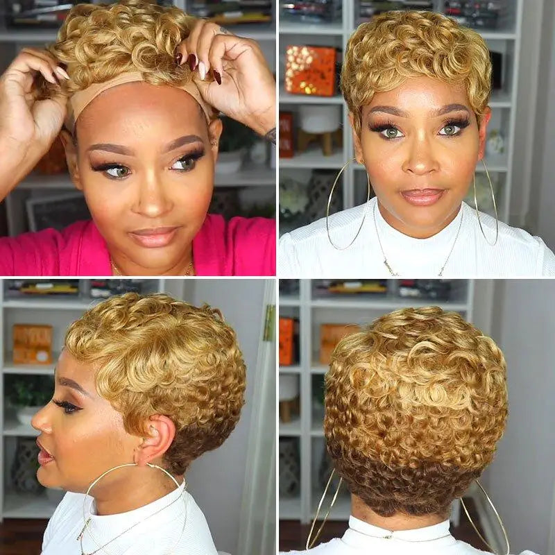 WIGERA Synthetic Short  Hairstyle  Curly Pixie Cut  Bob Wig Glond Brown/ Black/Wine Red Hair  Colored Wigs For Women