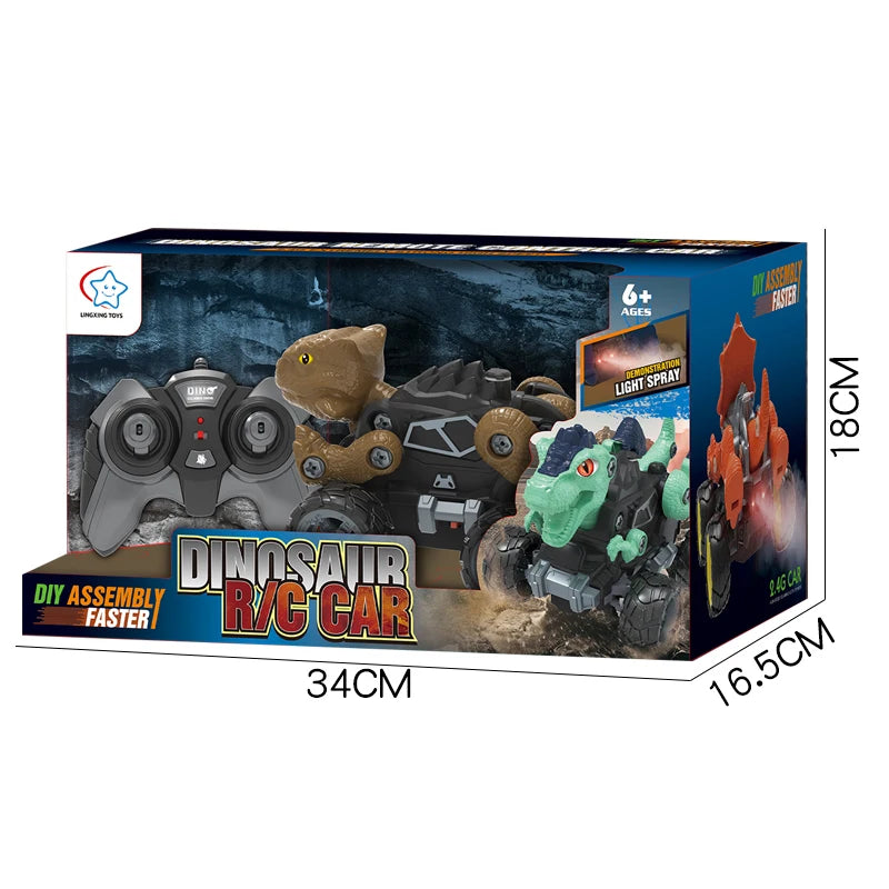 2.4Ghz Remote Control 4WD Dinosaur Spraying Vehicle Disassembly Assembly Toys Flashing Light RC Car Models for Kid Adult