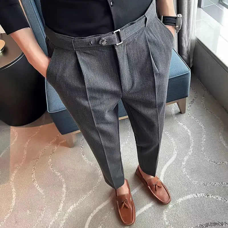 Men Casual Suit Pants Business Pockets Outdoor Button Zipper Casual Slim Suit Trousers British Style Long Pencil Cropped Pants
