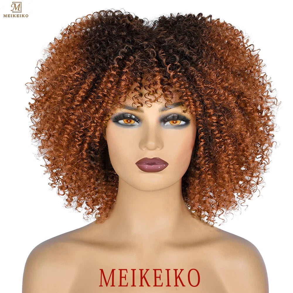 Short Hair Afro Kinky Curly Wigs With Bangs African Synthetic Ombre Glueless Cosplay Wigs for Black Women High Temperature