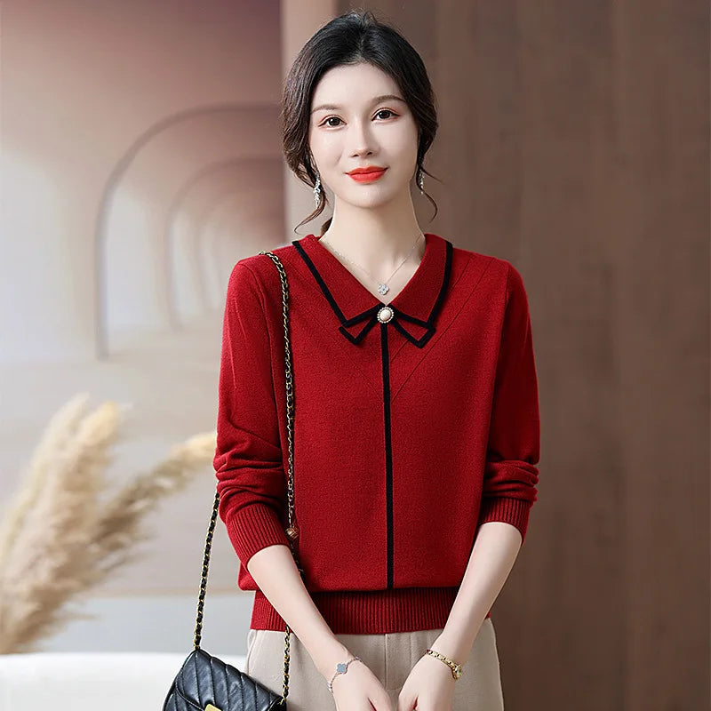 Fashion Lady Slash Collar Long Sleeve Elegant Sweater Shirt